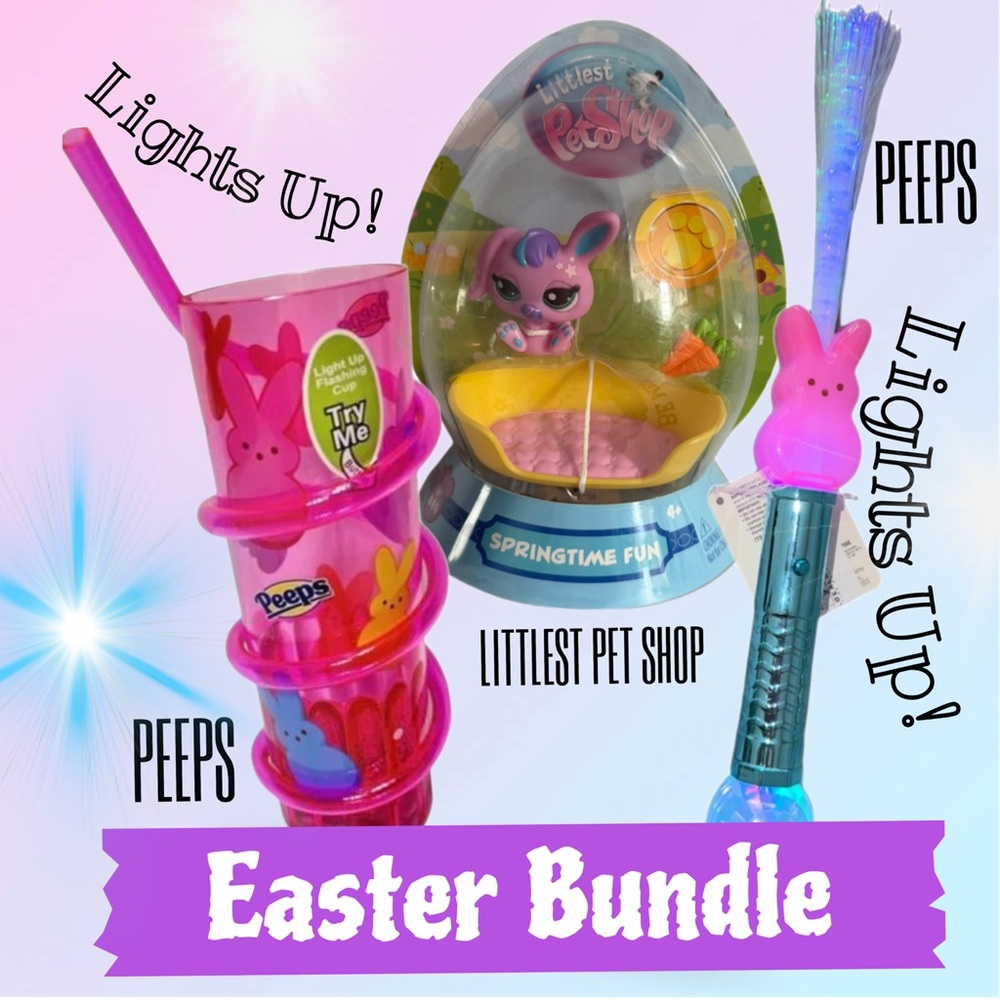 Easter Bundle NWT Peeps LightUp Cup Fiber Optic Wand & Littlest Pet Shop Bunny
